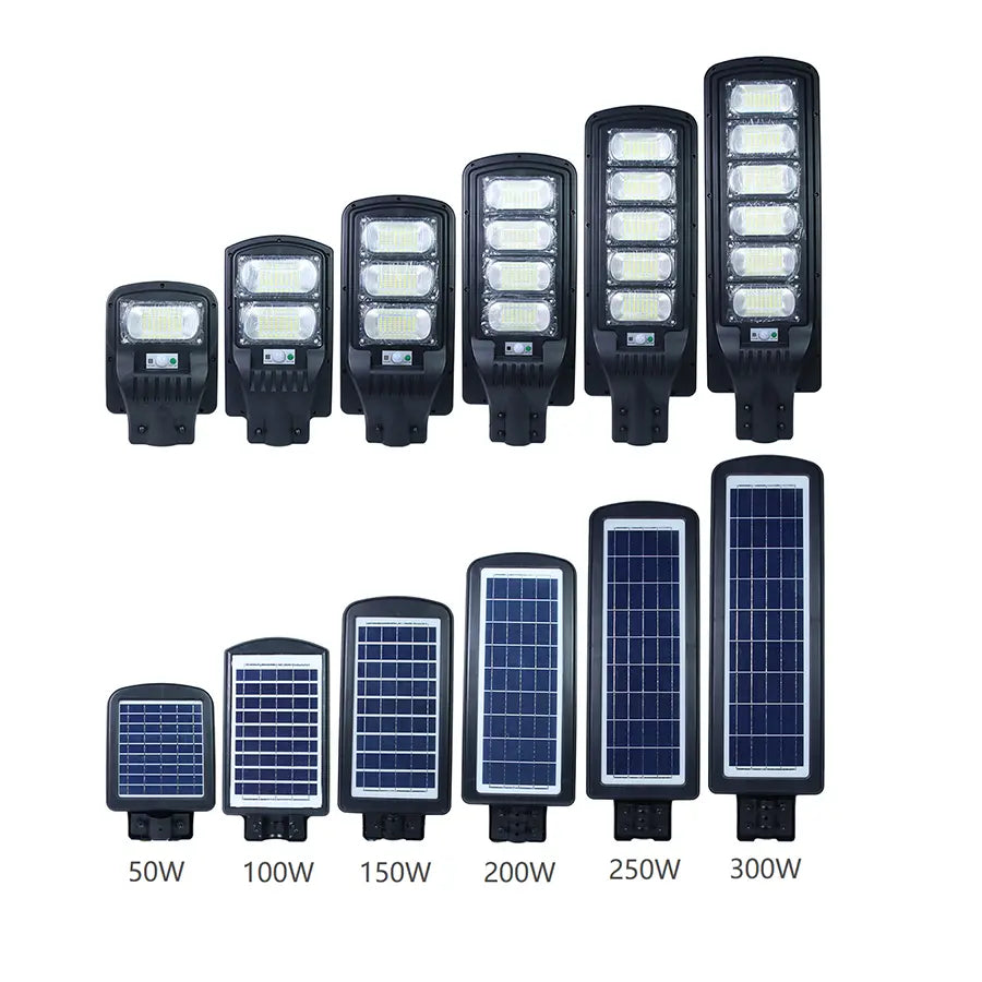 Lampa Stradala LED cu Incarcare Solara, 100W-300W, senzor miscare, acumulator intern, telecomanda